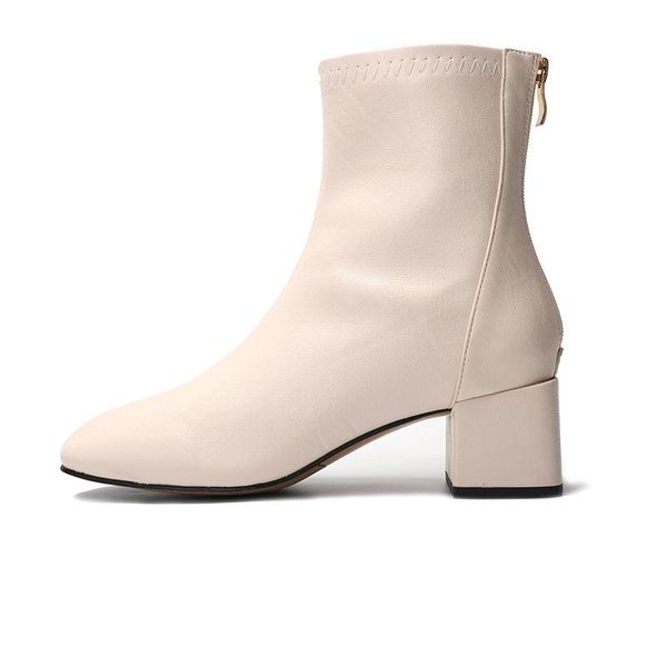 

boots fashion leather ankle women thick high heels zipper pointed toe autumn winter woman shoes square heel white black 2021