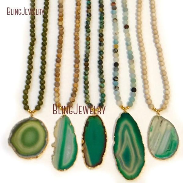 

pendant necklaces green agates slice necklace mix beads chain nm23889, Silver