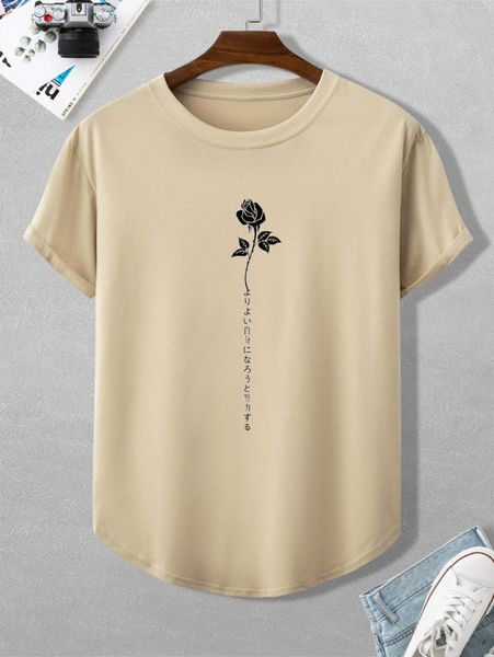 

men floral & japanese letter graphic curved hem tee o46p#, White;black