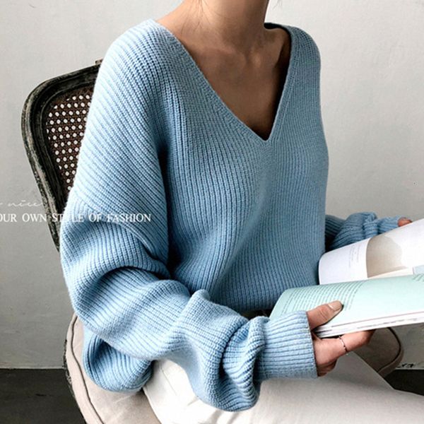 

New 2021 Women Sexy v Neck Loose Sweaters Autumn Winter Solid Vintage Batwing Sleeve Pullover Korean Harajuku Jumpers TPHT, White;black