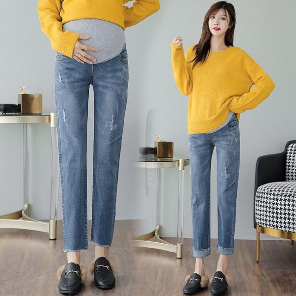 

maternity bottoms 802# pants summer jeans high waist belly support elastic trousers, White