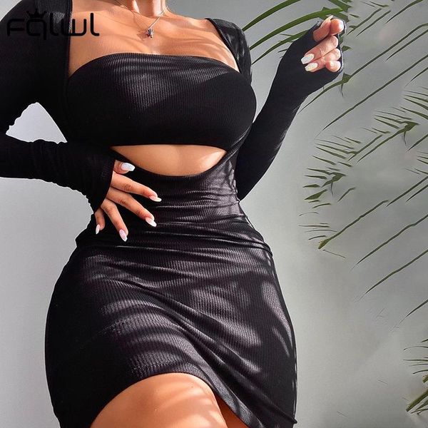 

casual dresses fqlwl fall streetwear brown black for women 2021 long sleeve hollow out bodycon mini dress fashion party, Black;gray