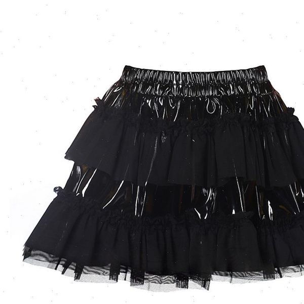 

women gothic black pvc leather mesh patchwork ruffle mini skirt ds clubwear drop shipping good quality
