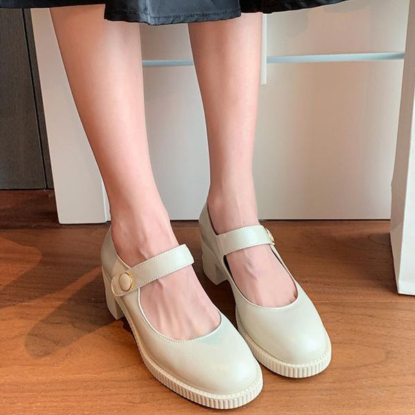 

dress shoes d family 2021 mary jane round head chunky heels soles small leather retro high single, Black