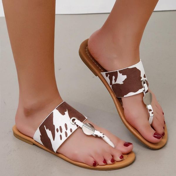 

slippers summer flip flops flat women beach shoes cows print sandals 2021 large size woman, Black