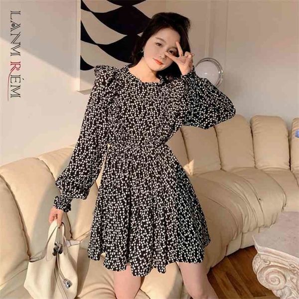 

women printed dress ruffle floral high waist long sleeves dresses temperament loose fit fashion summer 2h264 210526, Black;gray