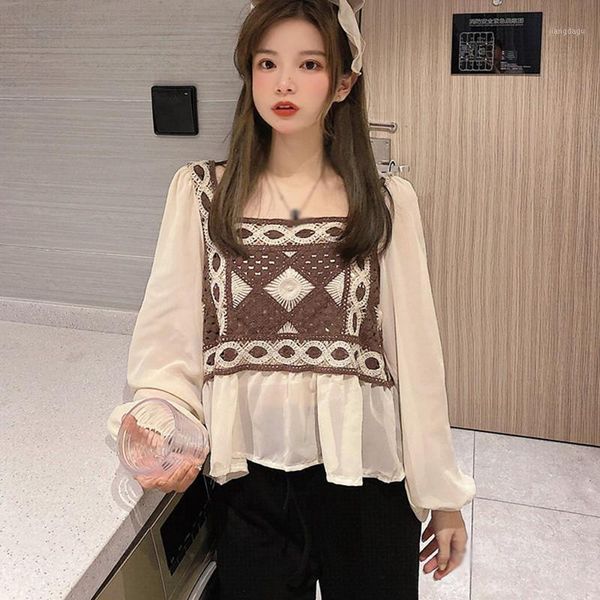 

spring autumn sweet chiffon blouse korean fashion long sleeve blouses women geometric print shirt women's & shirts, White