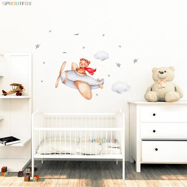 

wall stickers airplane bear for baby room boys cartoon animal nursery home decoration cloud stars kids