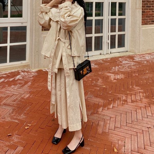 

2021 new women turtleneck trench or skirt simple autumn coat with sashes lace-up mid-calf skirts t8kj, Black