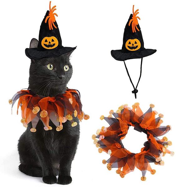

cat costumes dog halloween hat collar cosplay costume pet elastic colorful pumpkin with bells ornaments for