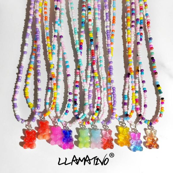 

chains trend gradient resin cute bear beaded choker necklace for women rainbow seed bead cartoon pendant sweet y2k jewelry, Silver