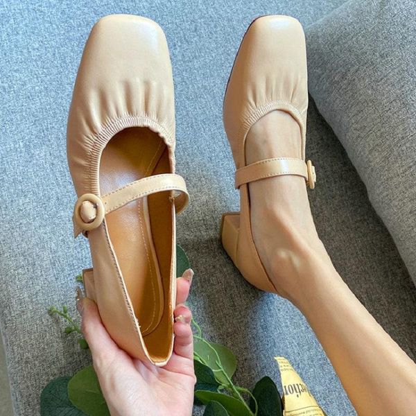 

dress shoes zawsthia soft genuine natural cow leather round toe pleated buckle strap nude retro lady office pumps women mary janes heels, Black