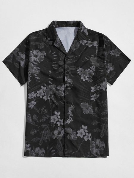 

men floral print lapel collar shirt w5gp#, White;black