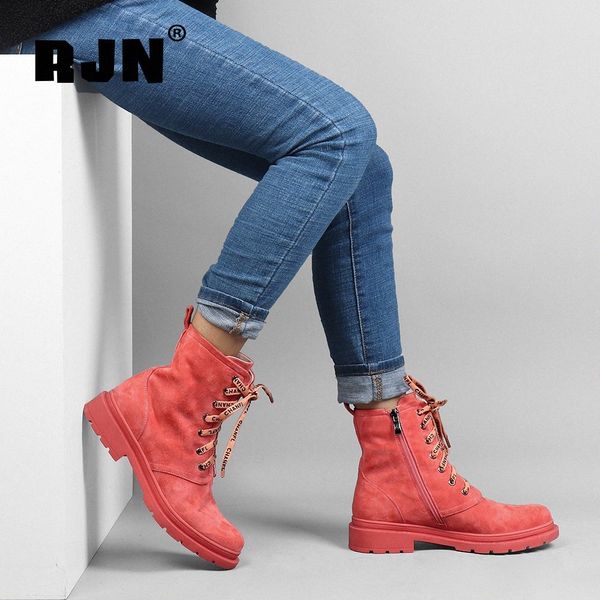 

rjn candy color ankle boots kid suede shoelace decoration comfortable round toe square heel shoes stylish women winter boots r09 w8tt#, Black
