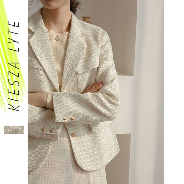 Giacca corta da donna francese elegante solido bianco bottone dorato blazer da ufficio da donna Ropa Para Mujer Outwear 210608