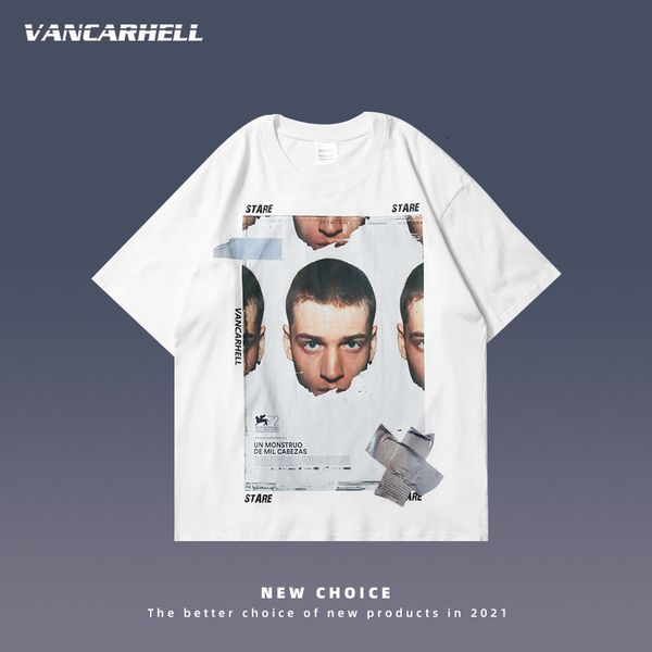 

tee polo sleeve t-shirt men's trend fashion brand high street head painting design summer round neck couple women's top, White;black