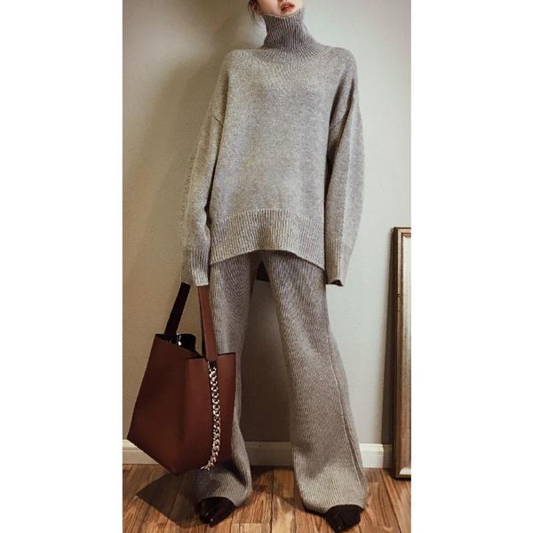 

2021 real high-end custom cashmere knit 2 sets high-neck sweater wide-leg pants suit loose lazy thick two-piece female, White