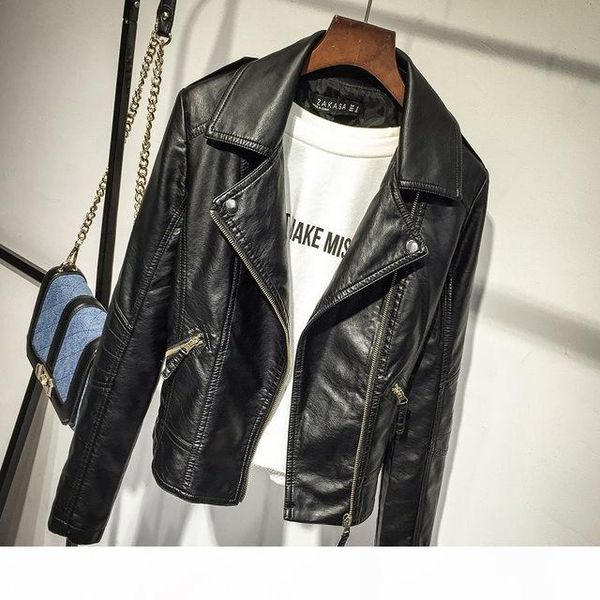 

2019 spring casual jacket women long sleeve slim zipper jacket fashion pu turn-down jacket outerwear soft female leather soft pu leathe, Black