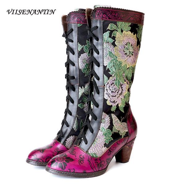 

boots retro high embroidered pointed toe thick heel leather stitching flanging flowers cross straps back zipper women's, Black