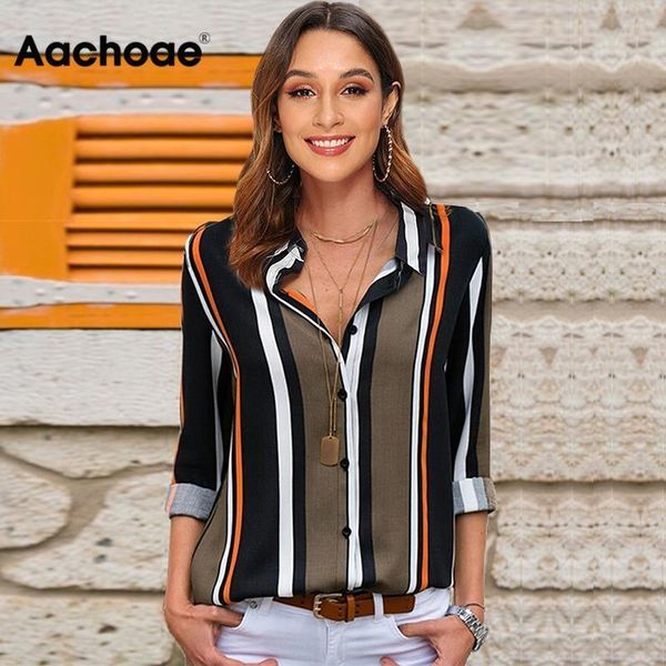 

aachoae blouses women 2021 long sleeve striped shirt turn down collar lady office shirt autumn blouse blusas mujer plus size cx200615, White
