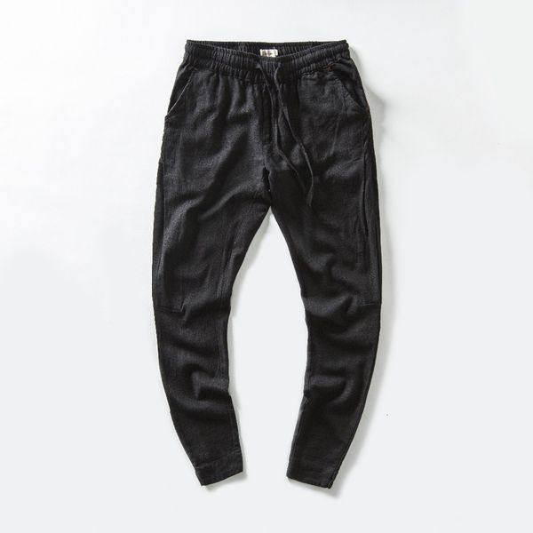 

2021 new brand linen men autumn causal fashion pants mens elastic loose trousers male solid broek pantalones dropshipping 1wl1, Black