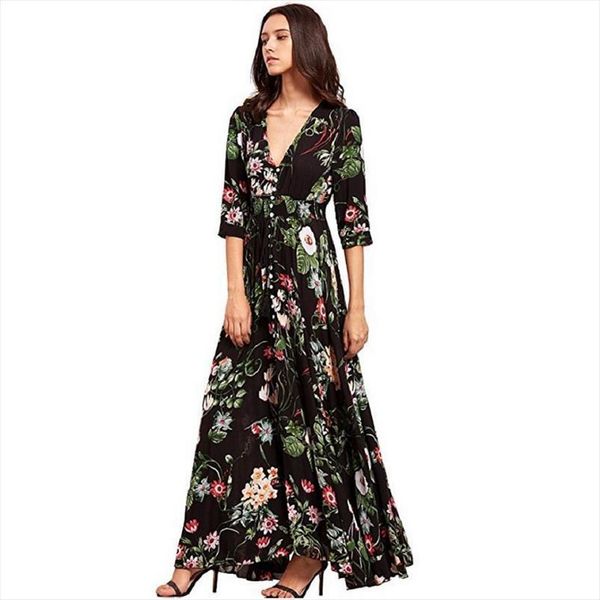 

summer beach maxi dress womens cami v neck cotton short sleeve holiday long floral print boho split party robe femme, White