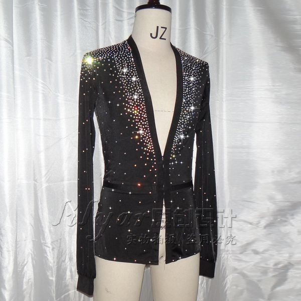 

shiny rhinestone men latin dance shirts black v-neck dance shirt ballroom latin dancing clothes male competition dance wear, Black;red
