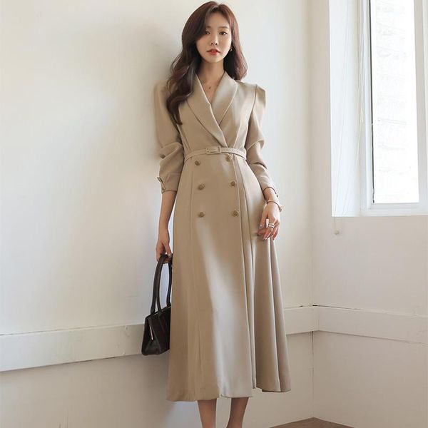 

women's trench coats temperament lady windbreaker coat elegant fashion double-breasted suit collar evening party casual occupation oute, Tan;black