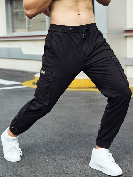 

men patched detail flap pocket side drawstring waist cargo pants 09q6#, Black