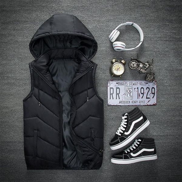 

men's vests cotton padded vest with detachable hat sleeveless jacket large size lightweight warm coat for men chaleco hombre, Black;white