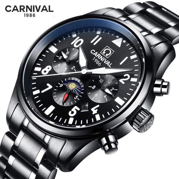 

wristwatches luxury carnival black steel luminous moon phase man automatic mechanical watch men watches mekanik kol saati relogio, Slivery;brown