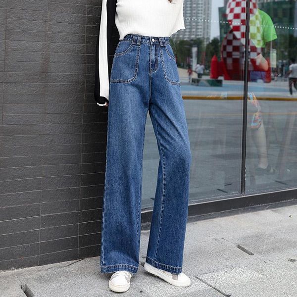 

women's jeans women denim wide leg high waist simple bf trousers couples all-match womens hip-hop daily fashion casual, Blue