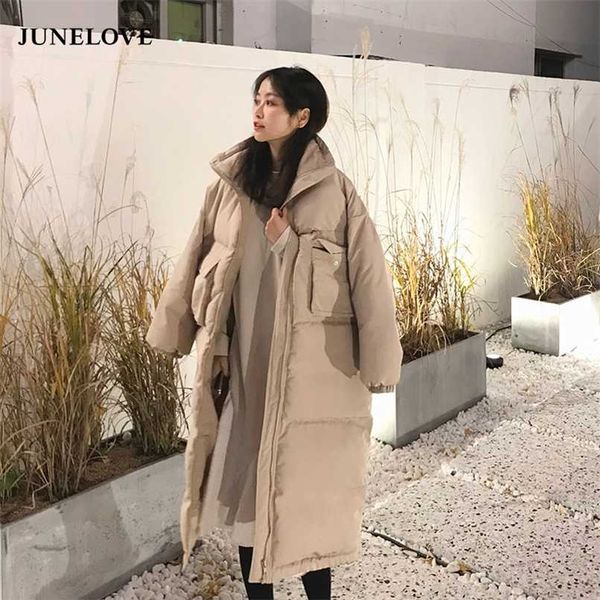 

junelove women's oversize over knee long warm coat vintage winter cotton-padded jacket parkas casual korean female thick outwear 211007, Black