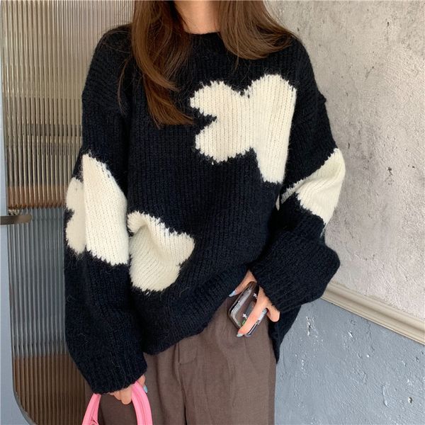 

women's sweaters loose knitted shirt with contrasting flowers 3c6t, White;black