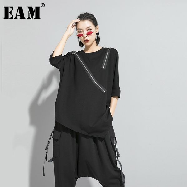 

[eam] women black asymmetrical sittch big size t-shirt new round neck long sleeve fashion tide spring autumn 2021 1s185 210306, White
