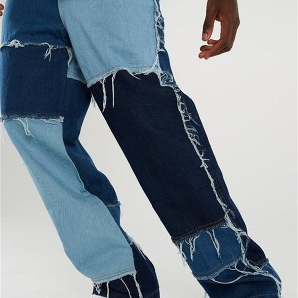 

men jeans mode vintage weakened color block denim right broek streetwear loose-fit casual long bodems, Blue