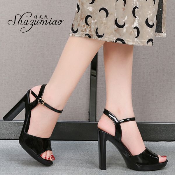 

2021 new sandals will see leather patent women's shoes solid-colored square heels high heels11cm ladies'shoes party e7zt, Black