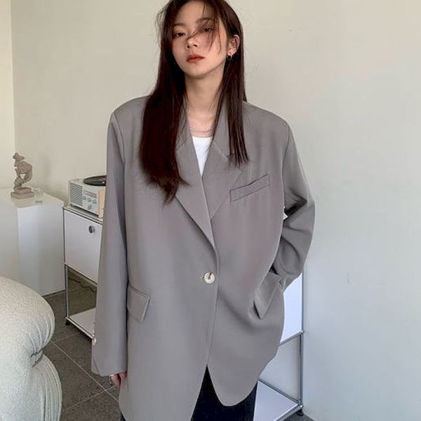 

foufurieux loose light green women blazer summer one button female suit jaet full sleeve outwear blaser femme blazer women no, Black
