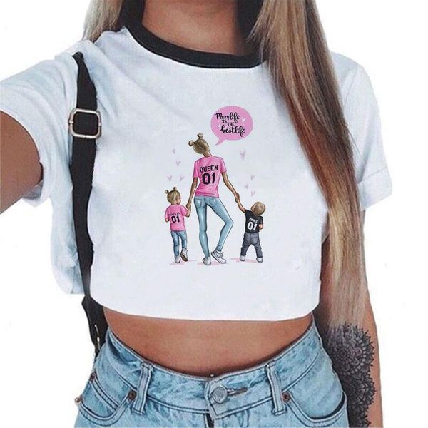 

czccwd ropa mujer verano 2021 summer harajuku kawaii tshirt women super mom leisure fashion crop t shirt camisas mujer shirt, White