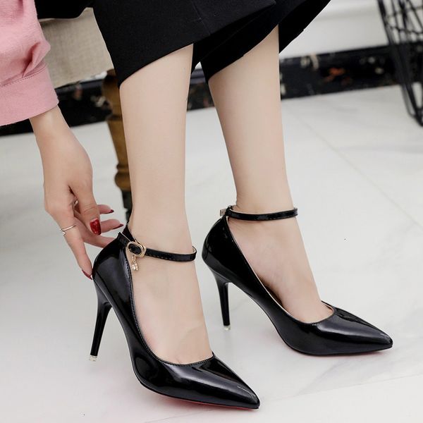 

2021 new women's pu leather super high heels party wedding pointed toe pumps woman fashion buckle banquet shoes 0746, Black