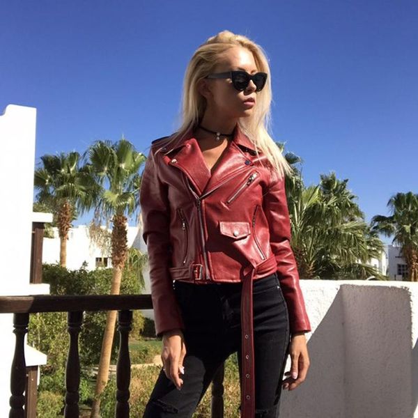 

women's leather & faux women jacket coat short red black pu motorcycle jackets female streetwear 2021 outerwear