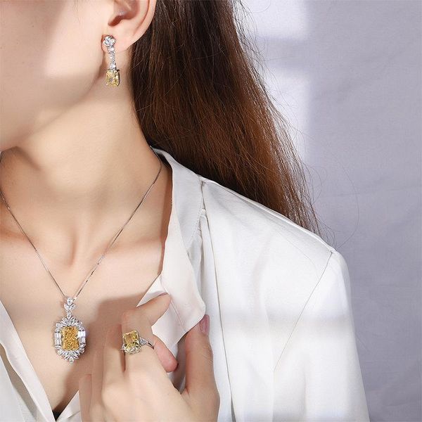 

earrings & necklace 2021 fashion retro yellow cz zircon ring set wedding party banquet dressing jewelry, Silver
