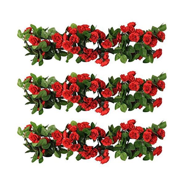 

3pcs artificial rose garlands silk rose flowers green leaves vine for home l office wedding party garden craft art decor red