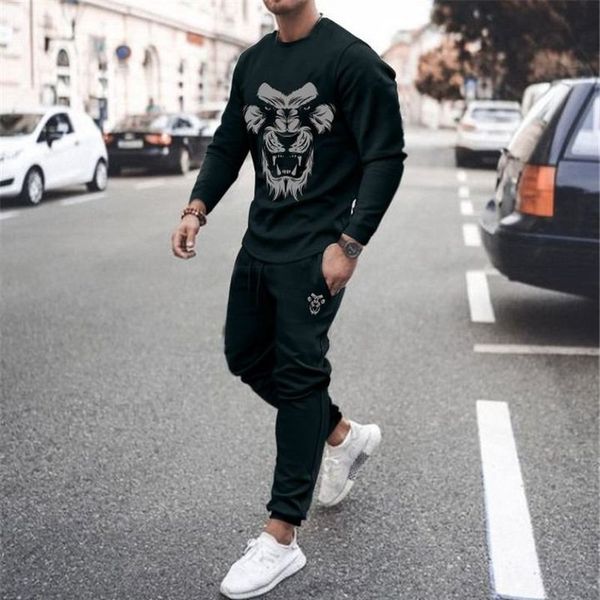 

3d printing men's lion head picture casual wear suit long sleeve trousers comfortable slim fit fashion fit daily travel street style wo, Gray