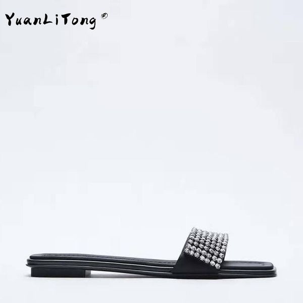 

2021 new women's slippers diamond in font flat bottom casual fashion wearing slippers braid with flat open-toed sandals, Black