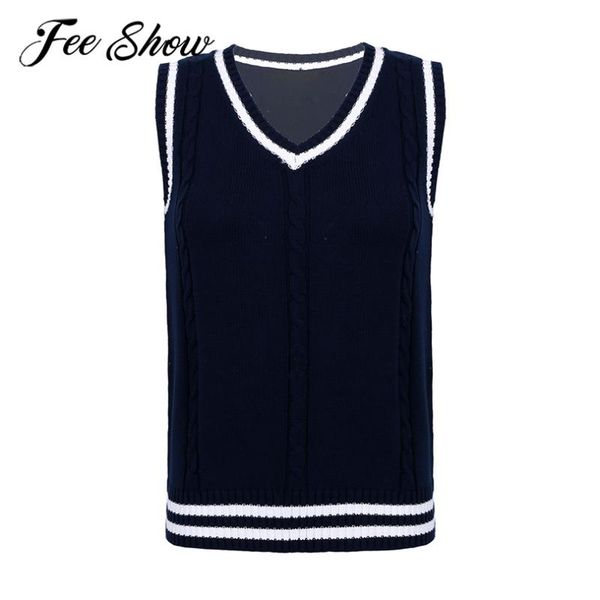 

women's vests spring autumn knitwear v neck sleeveless knitted vest boy girl oversize loose twist knit sweater school uniform waistco, Black;white