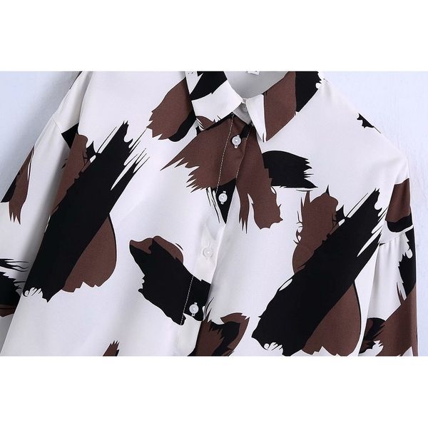 

2021 new woman graffiti printing blouses female long sleeve button shirts turn down collar 4yn1, Tan;black