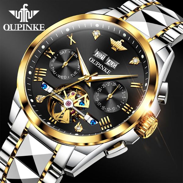 

wristwatches swiss oupinke brand mechanical wristwatch luxury sapphire glass automatic watch stainless steel waterproof 50m watches men, Slivery;brown