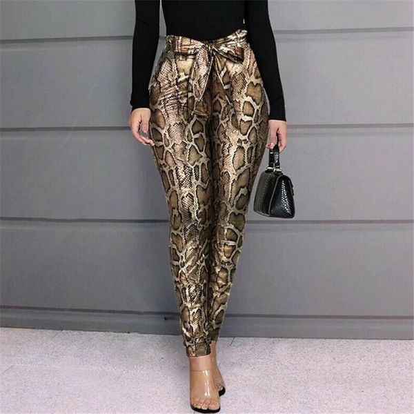

women's pants & capris women black slim elastic high waist office lady 2021 spring bowknot snakeskin print fashion stretch pencil trous, Black;white