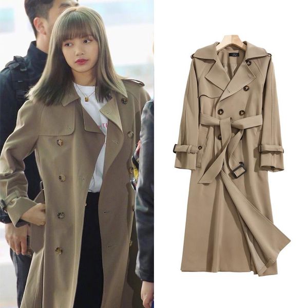 

women's trench coats celebrity style midi long coat women famous khaki color double breasted 2021 spring fall warm windbreaker q34, Tan;black